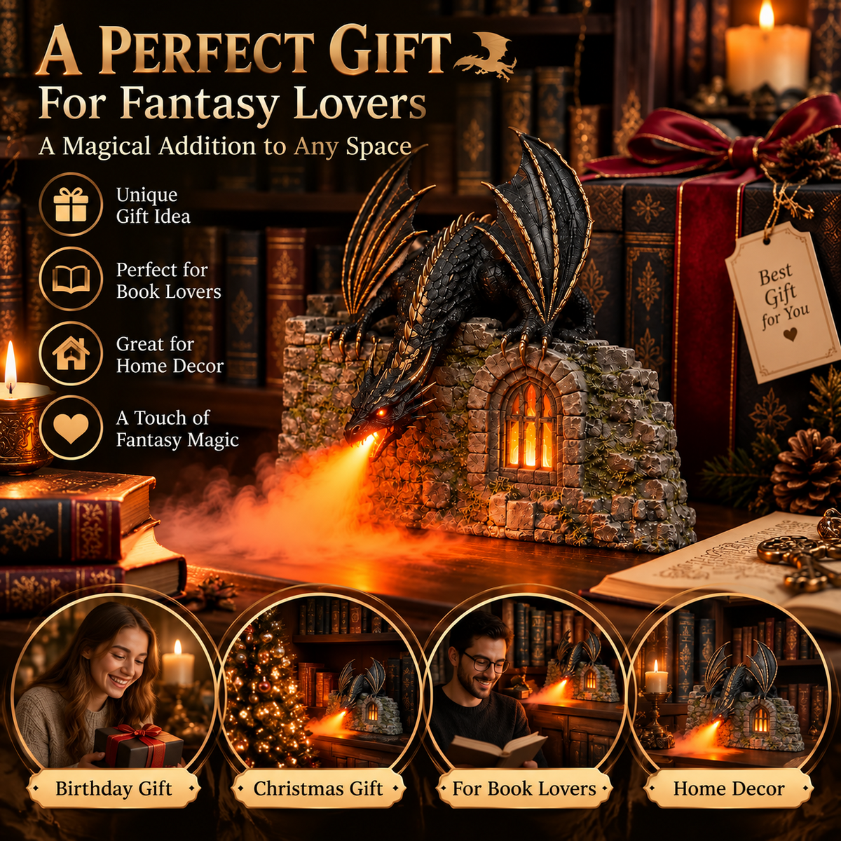Dragon Humidifier with Flame Effect – A Touch of Fantasy Magic for Your Reading Nook