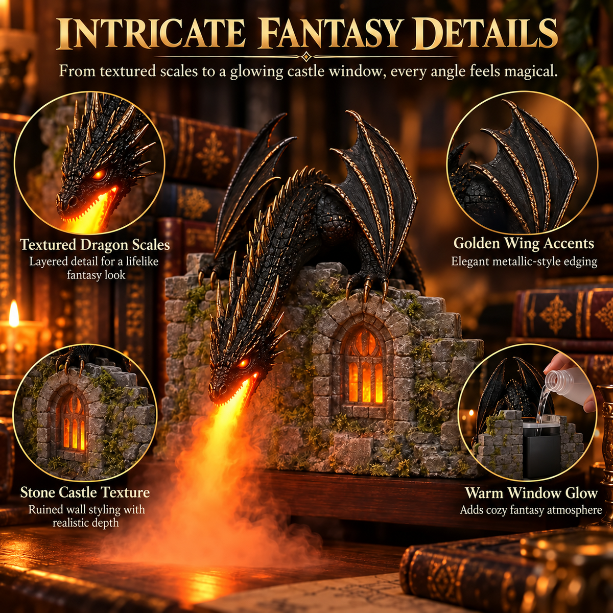 Dragon Humidifier with Flame Effect – A Touch of Fantasy Magic for Your Reading Nook