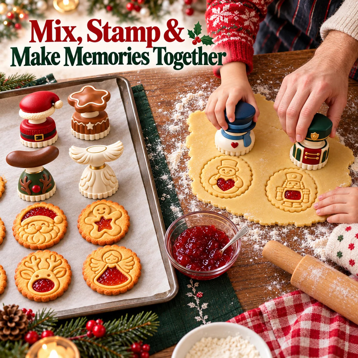 💕Christmas Jam Cookie Press – Festive Character Handles & Embossed Designs