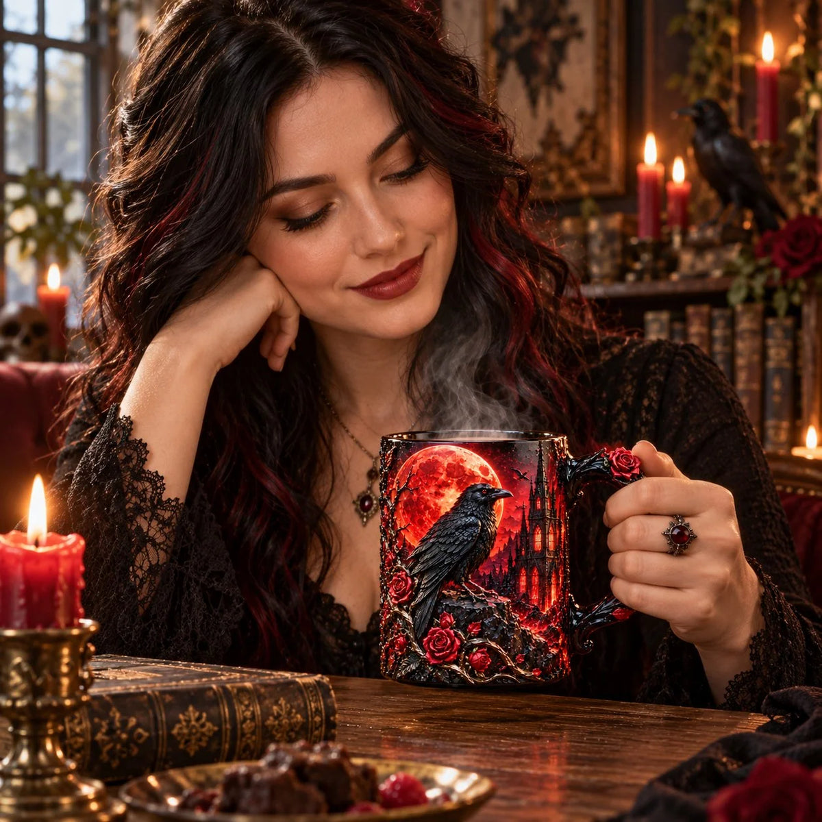 ✨🌹 Raven Magic Color-Changing Mug | Gothic Raven & Blood Moon Coffee Cup🐦‍⬛
