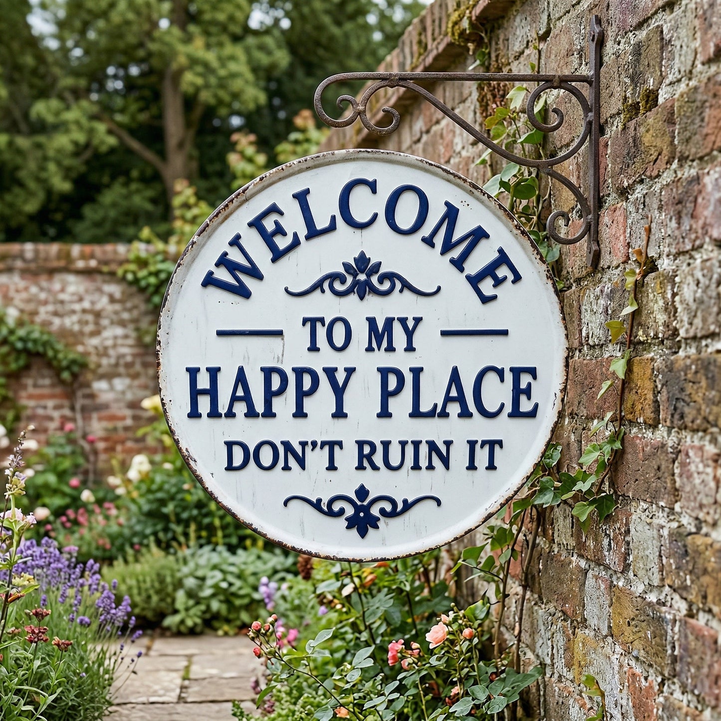 Vintage Round Metal Sign – “Welcome to My Happy Place Don’t Ruin It” Garden Wall Decor