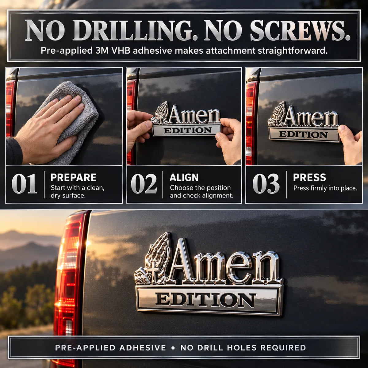 Amen Edition Metal Emblem | 3D Chrome Cross & Wings Badge with 3M VHB Adhesive for Pickups, SUVs & Tailgates 🚘