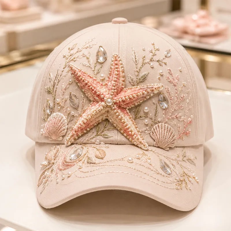 🌊 Ocean Sea Creature Pattern Cap | Pearl & Crystal Accent Adjustable Hat for Beach, Travel & Everyday Wear