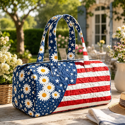 🔥 🇺🇸🧵 Handcrafted Patriotic Quilted Tote Bag – 3D Floral American Flag Travel Duffel