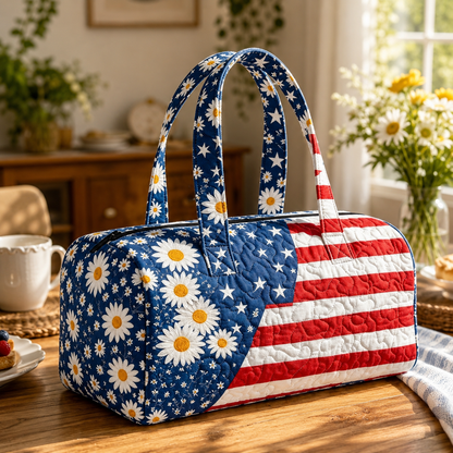 🔥 🇺🇸🧵 Handcrafted Patriotic Quilted Tote Bag – 3D Floral American Flag Travel Duffel