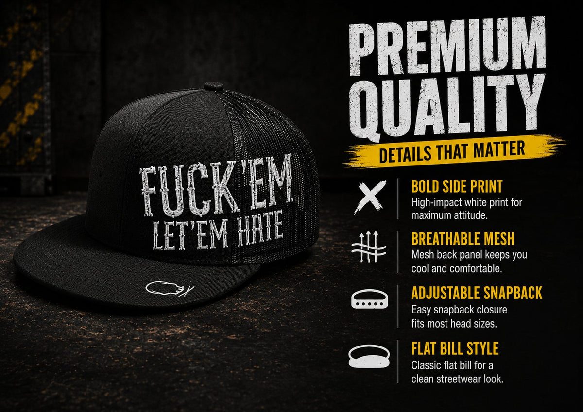 😂🛠️"FUCK EM" LET ’EM HATE Black Snapback Hat – Bold Side Print Mesh Trucker Cap, Flat Bill Streetwear Hat for Men & Women🧢