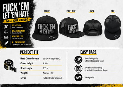 😂🛠️"FUCK EM" LET ’EM HATE Black Snapback Hat – Bold Side Print Mesh Trucker Cap, Flat Bill Streetwear Hat for Men & Women🧢