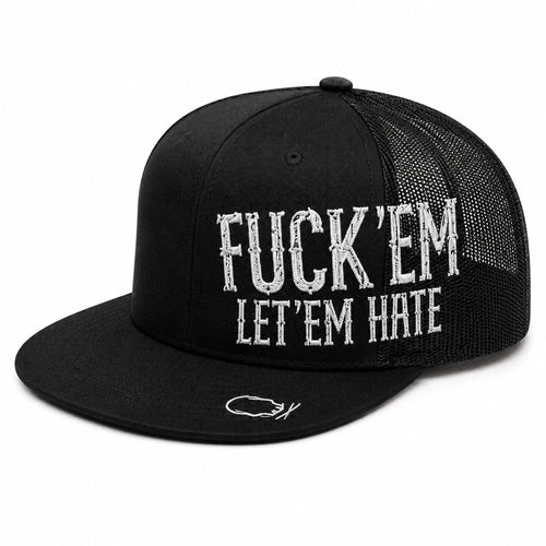 😂🛠️"FUCK EM" LET ’EM HATE Black Snapback Hat – Bold Side Print Mesh Trucker Cap, Flat Bill Streetwear Hat for Men & Women🧢