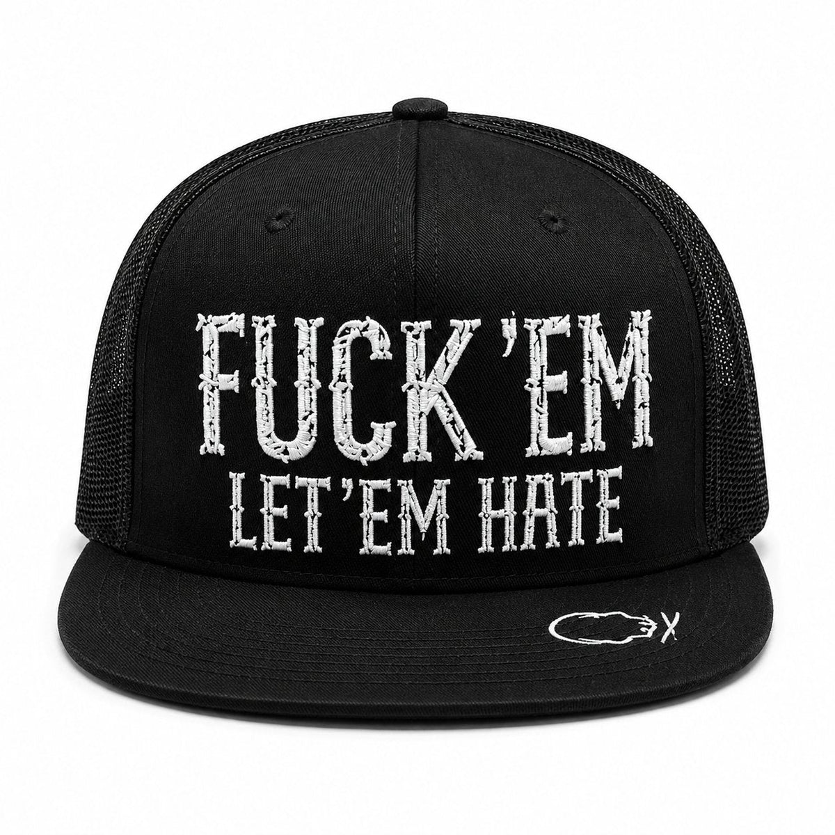 😂🛠️"FUCK EM" LET ’EM HATE Black Snapback Hat – Bold Side Print Mesh Trucker Cap, Flat Bill Streetwear Hat for Men & Women🧢