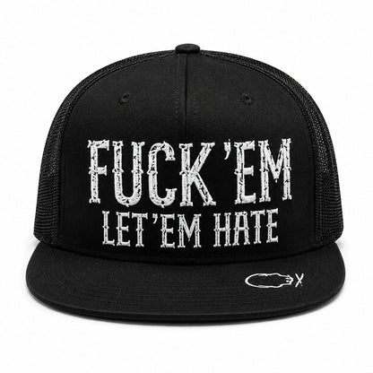 😂🛠️"FUCK EM" LET ’EM HATE Black Snapback Hat – Bold Side Print Mesh Trucker Cap, Flat Bill Streetwear Hat for Men & Women🧢