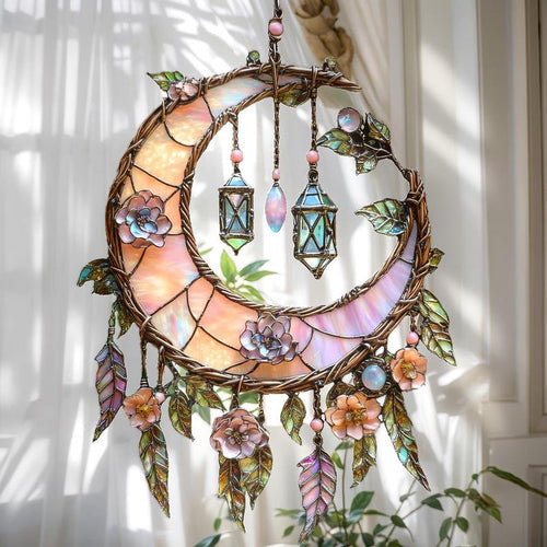 🌙Hand-Painted Moon and Floral Window Decor💖--2D Acrylic