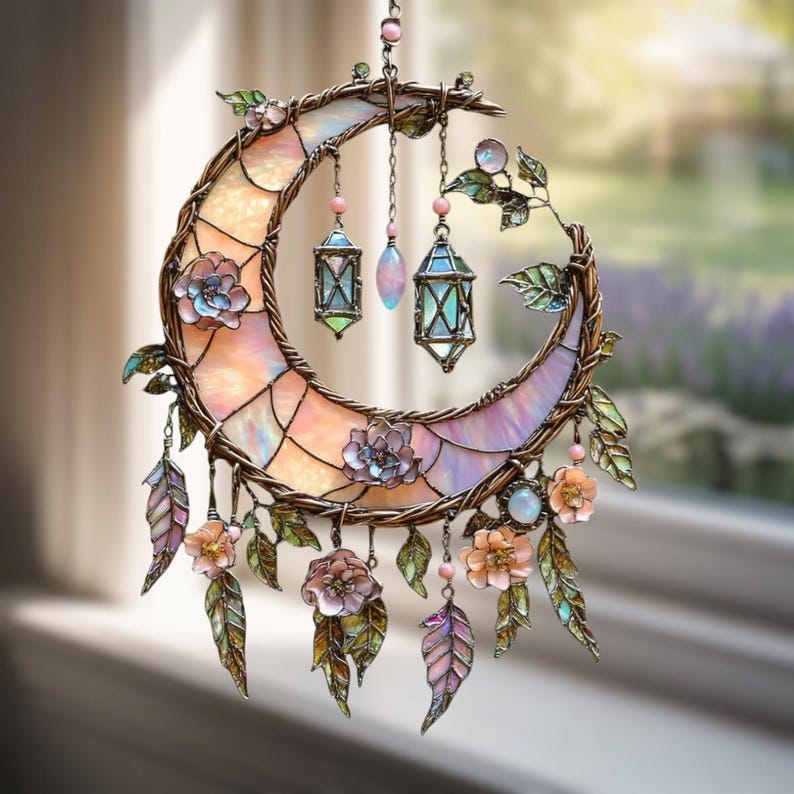 🌙Hand-Painted Moon and Floral Window Decor💖--2D Acrylic