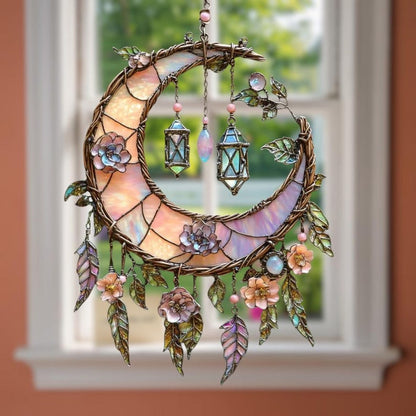 🌙Hand-Painted Moon and Floral Window Decor💖--2D Acrylic