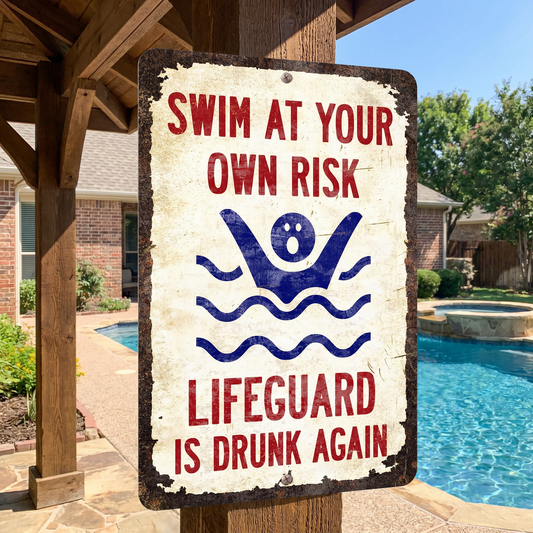 Vintage "Lifeguard Is Drunk Again" Pool Sign – Funny Metal Pool Wall Decor