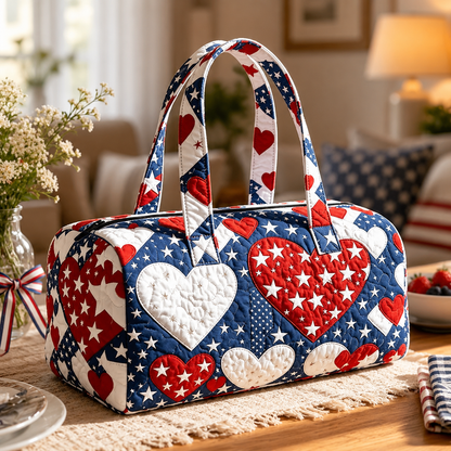 🔥 🇺🇸🧵 Handcrafted Patriotic Quilted Tote Bag – 3D Floral American Flag Travel Duffel