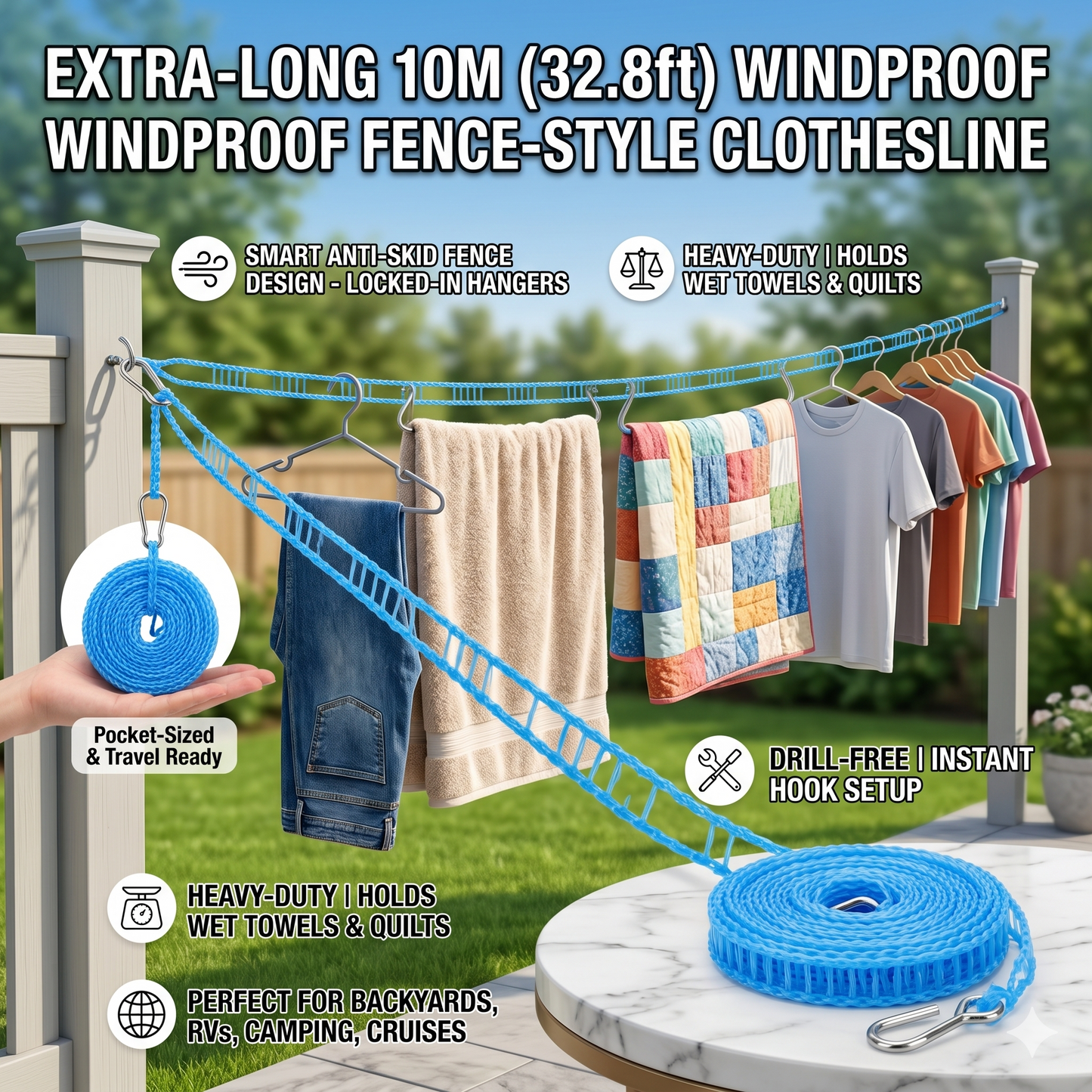 🧺Three colors✨ 10M (32.8ft) Portable Windproof Clothesline | Retractable Fence-Style Non-Slip Drying Rope with Hooks for Outdoor, Travel, Camping & Home