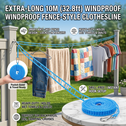 🧺Three colors✨ 10M (32.8ft) Portable Windproof Clothesline | Retractable Fence-Style Non-Slip Drying Rope with Hooks for Outdoor, Travel, Camping & Home