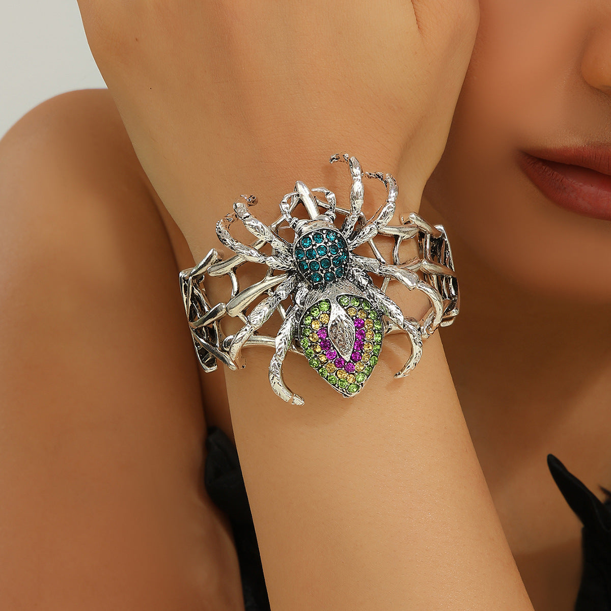 Multicolor Crystal Spider Web Cuff Bracelet