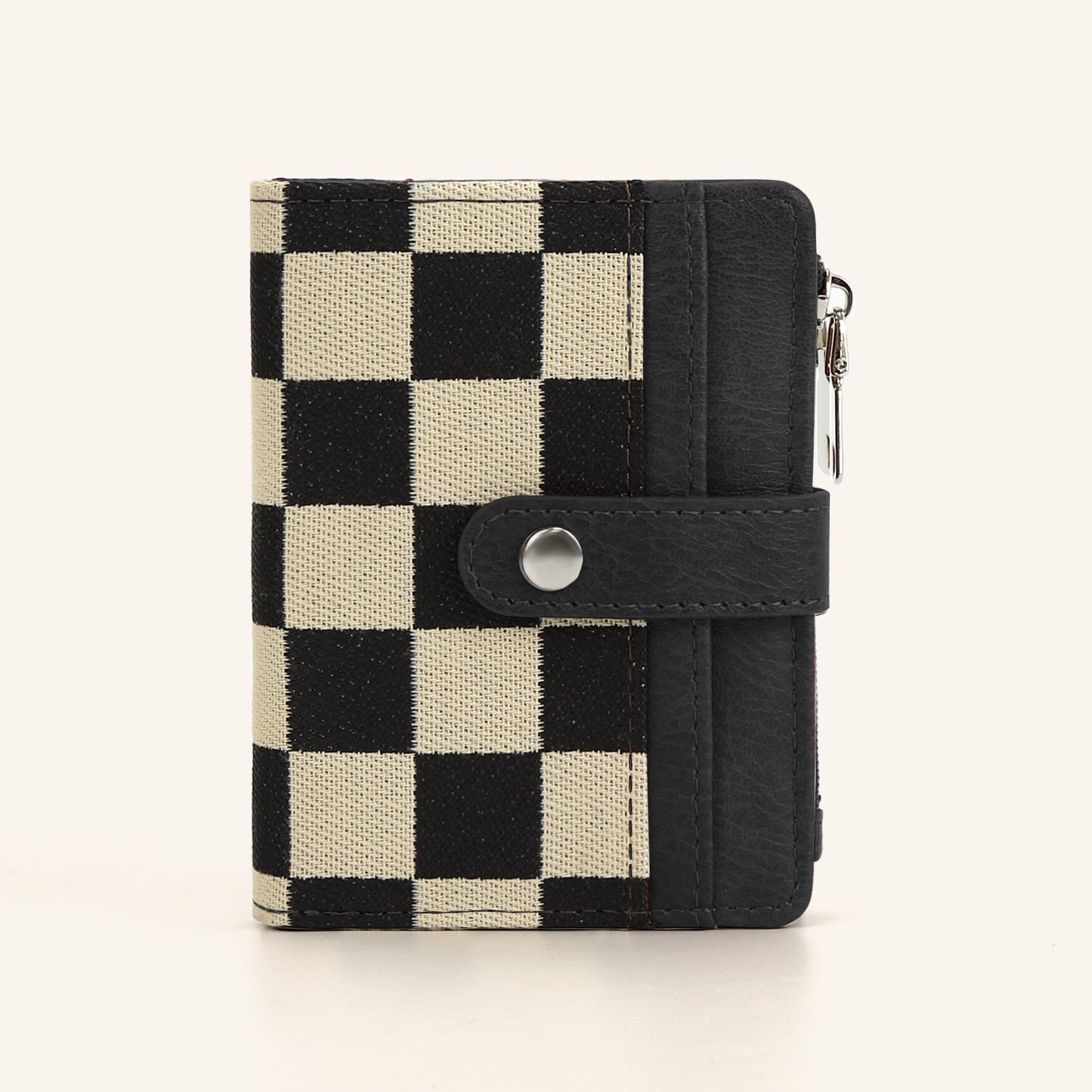🖤 Checkered Bifold Wallet for Women – Compact PU Leather Card Holder with ID Window & Zipper Coin Pocket ✨👛