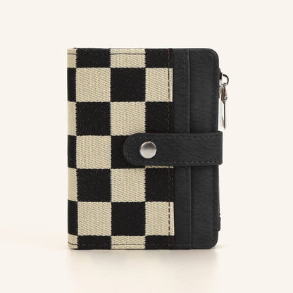 🖤 Checkered Bifold Wallet for Women – Compact PU Leather Card Holder with ID Window & Zipper Coin Pocket ✨👛