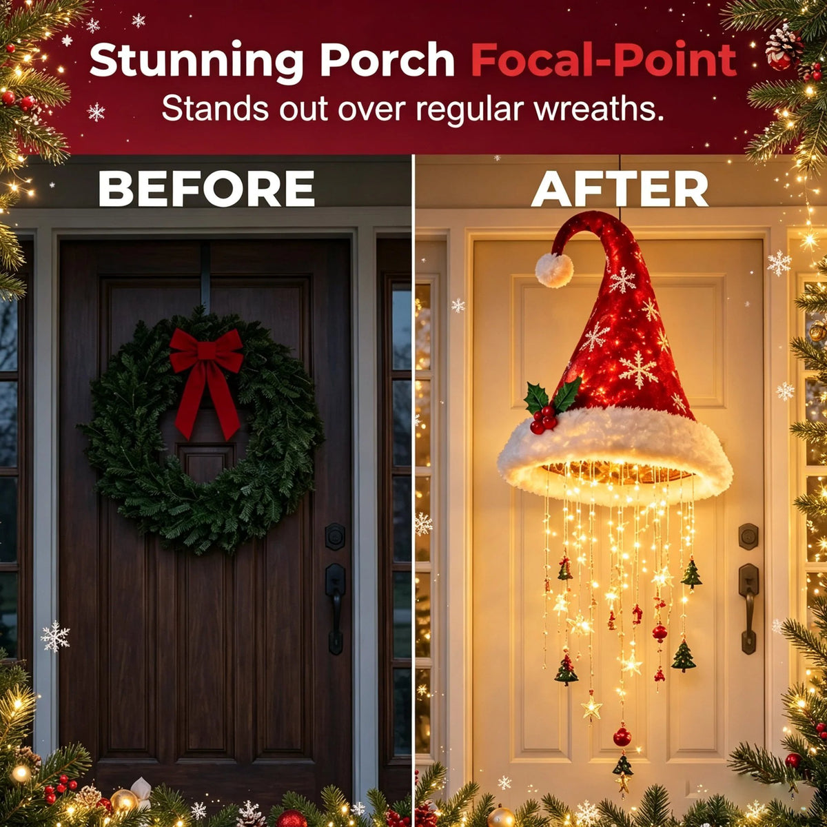🎅✨Light‑Up Santa Hat Hanging Chandelier, Plush Christmas Pendant Light with Hanging Ornaments, Indoor & Covered Porch Holiday Decoration