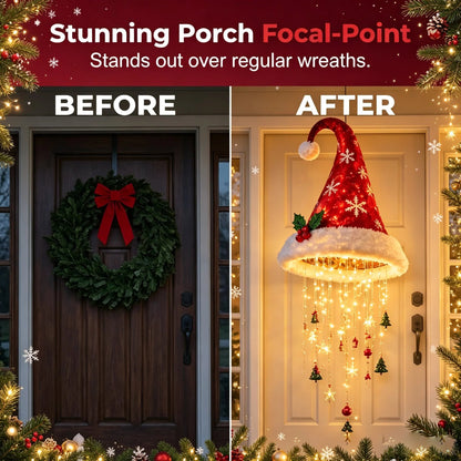 🎅✨Light‑Up Santa Hat Hanging Chandelier, Plush Christmas Pendant Light with Hanging Ornaments, Indoor & Covered Porch Holiday Decoration