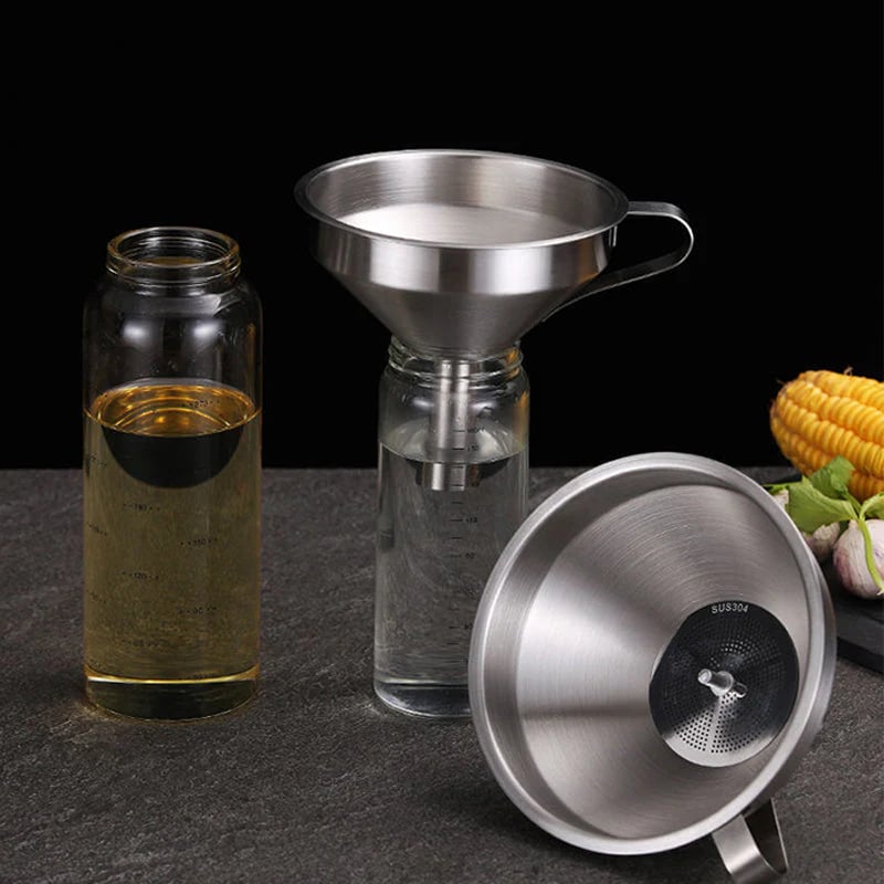 🔥Hot Sale 304 Stainless Steel Funnel with Filter Mesh – Kitchen Food Grade Metal Funnel for Oil, Alcohol, Jam & Spice Filling 🥄