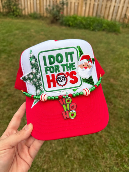 I Do It for the Ho’s Christmas Trucker Hat with Embroidered Patches & HO HO HO Hat Chain