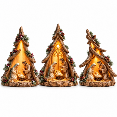 Old-world Lighted Nativity Trees
