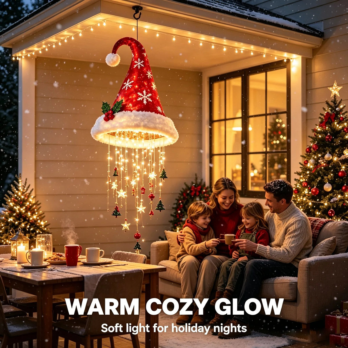 🎅✨Light‑Up Santa Hat Hanging Chandelier, Plush Christmas Pendant Light with Hanging Ornaments, Indoor & Covered Porch Holiday Decoration