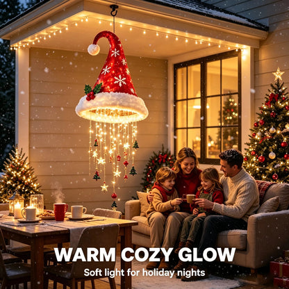 🎅✨Light‑Up Santa Hat Hanging Chandelier, Plush Christmas Pendant Light with Hanging Ornaments, Indoor & Covered Porch Holiday Decoration