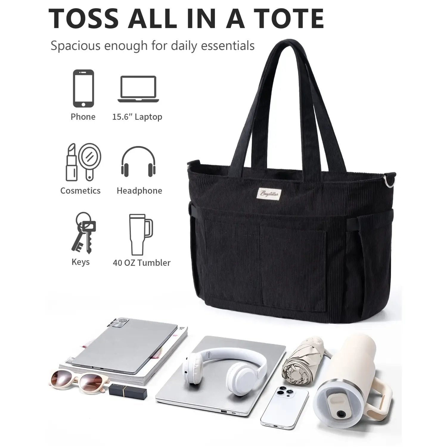 🎒Corduroy Tote Bag for Women, 15.6 inch Laptop Work Bags with Large Cup Holder