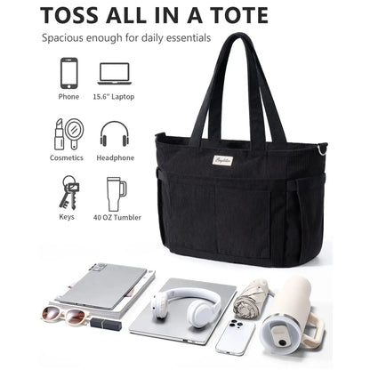 🎒Corduroy Tote Bag for Women, 15.6 inch Laptop Work Bags with Large Cup Holder