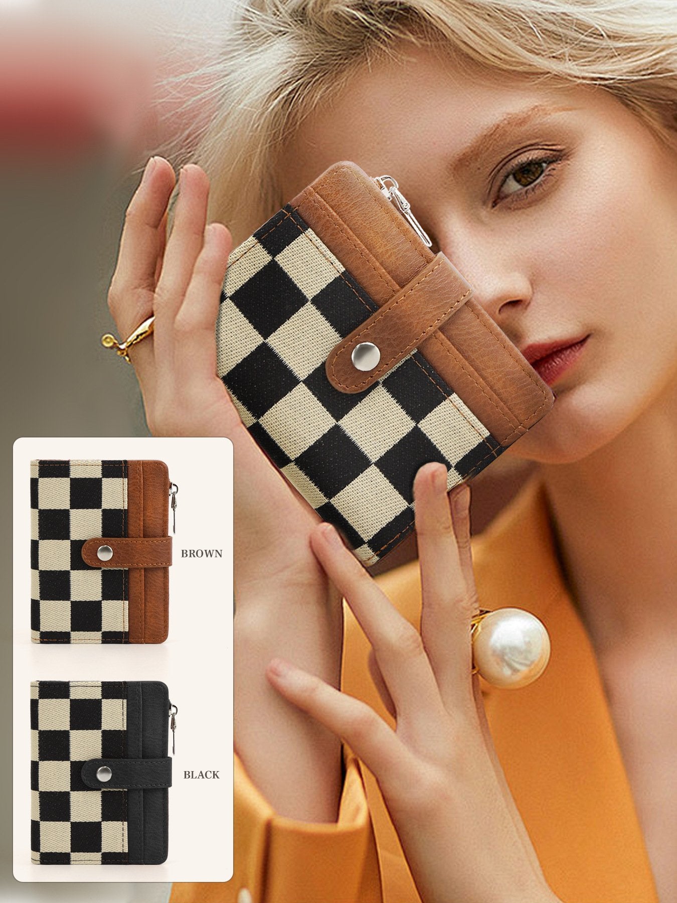 🖤 Checkered Bifold Wallet for Women – Compact PU Leather Card Holder with ID Window & Zipper Coin Pocket ✨👛