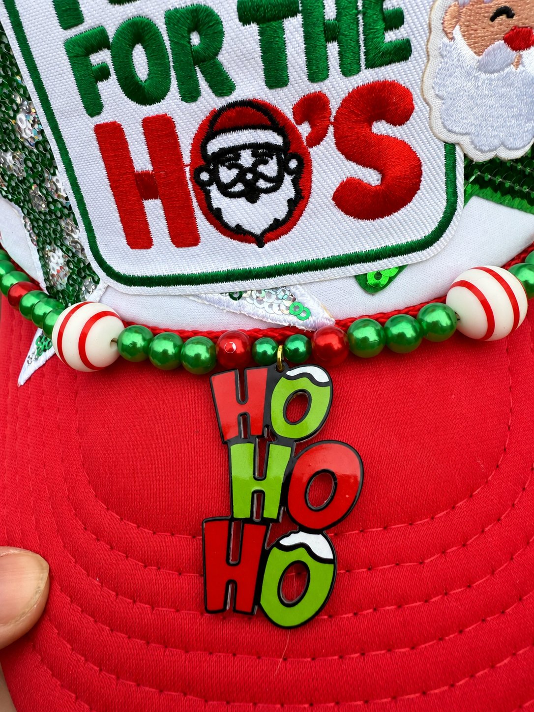 I Do It for the Ho’s Christmas Trucker Hat with Embroidered Patches & HO HO HO Hat Chain