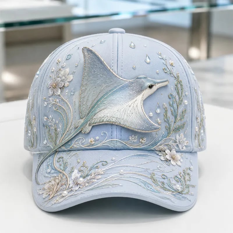 🌊 Ocean Sea Creature Pattern Cap | Pearl & Crystal Accent Adjustable Hat for Beach, Travel & Everyday Wear