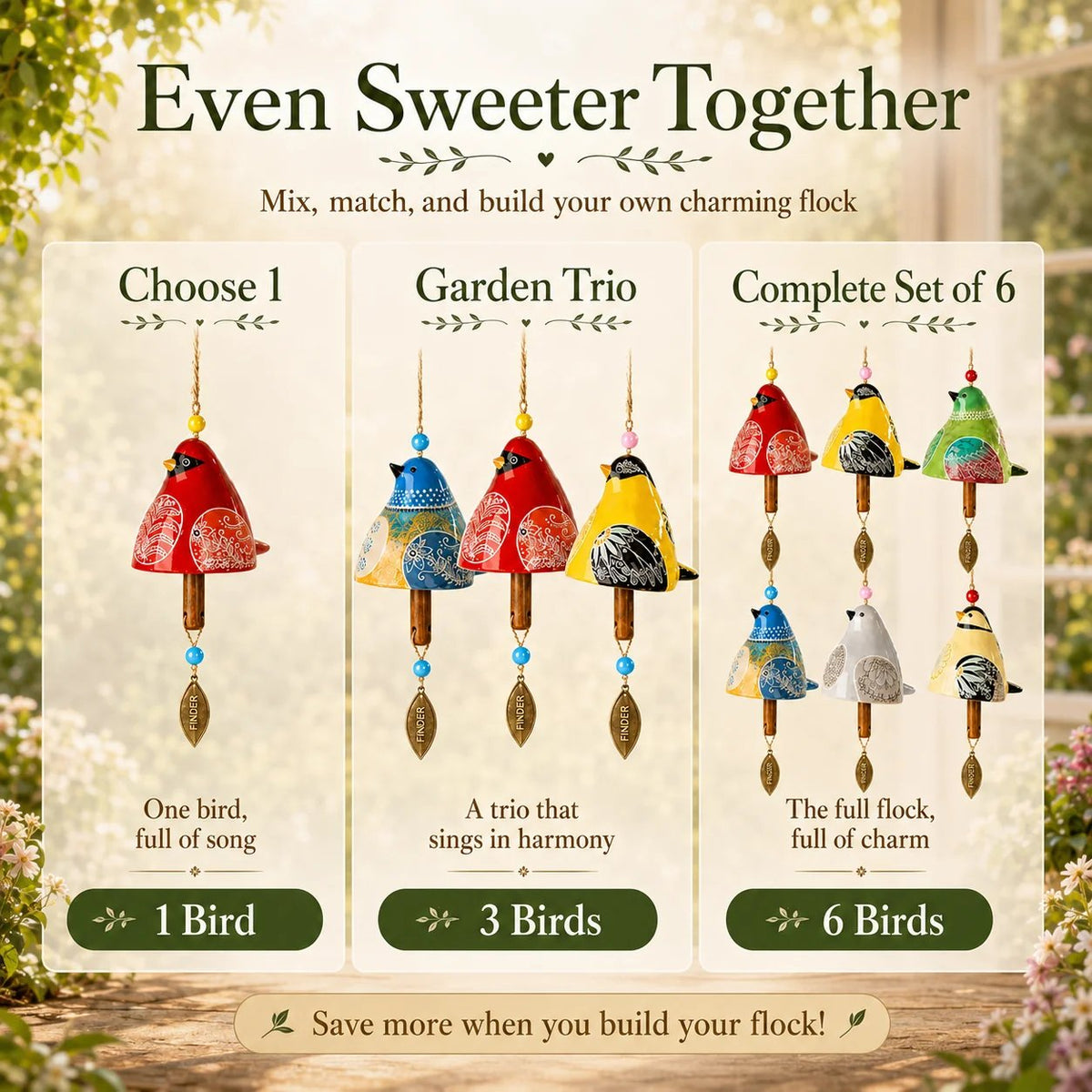 Hand-Painted Resin Bird Wind Chime, Colorful Folk Art Garden Hanging Decor