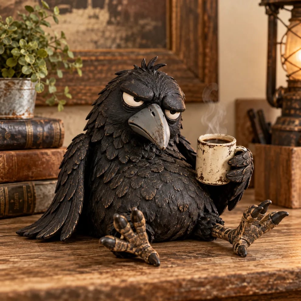 🔥Rustic Vintage Raven Figurine with Coffee Mug – Grumpy Crow Farmhouse Tabletop Decor