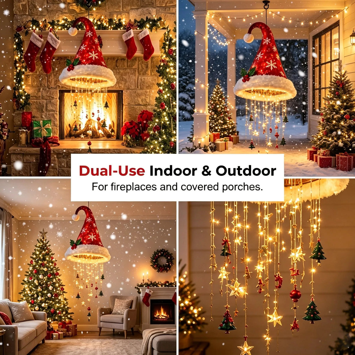 🎅✨Light‑Up Santa Hat Hanging Chandelier, Plush Christmas Pendant Light with Hanging Ornaments, Indoor & Covered Porch Holiday Decoration