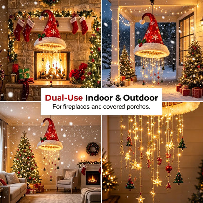 🎅✨Light‑Up Santa Hat Hanging Chandelier, Plush Christmas Pendant Light with Hanging Ornaments, Indoor & Covered Porch Holiday Decoration