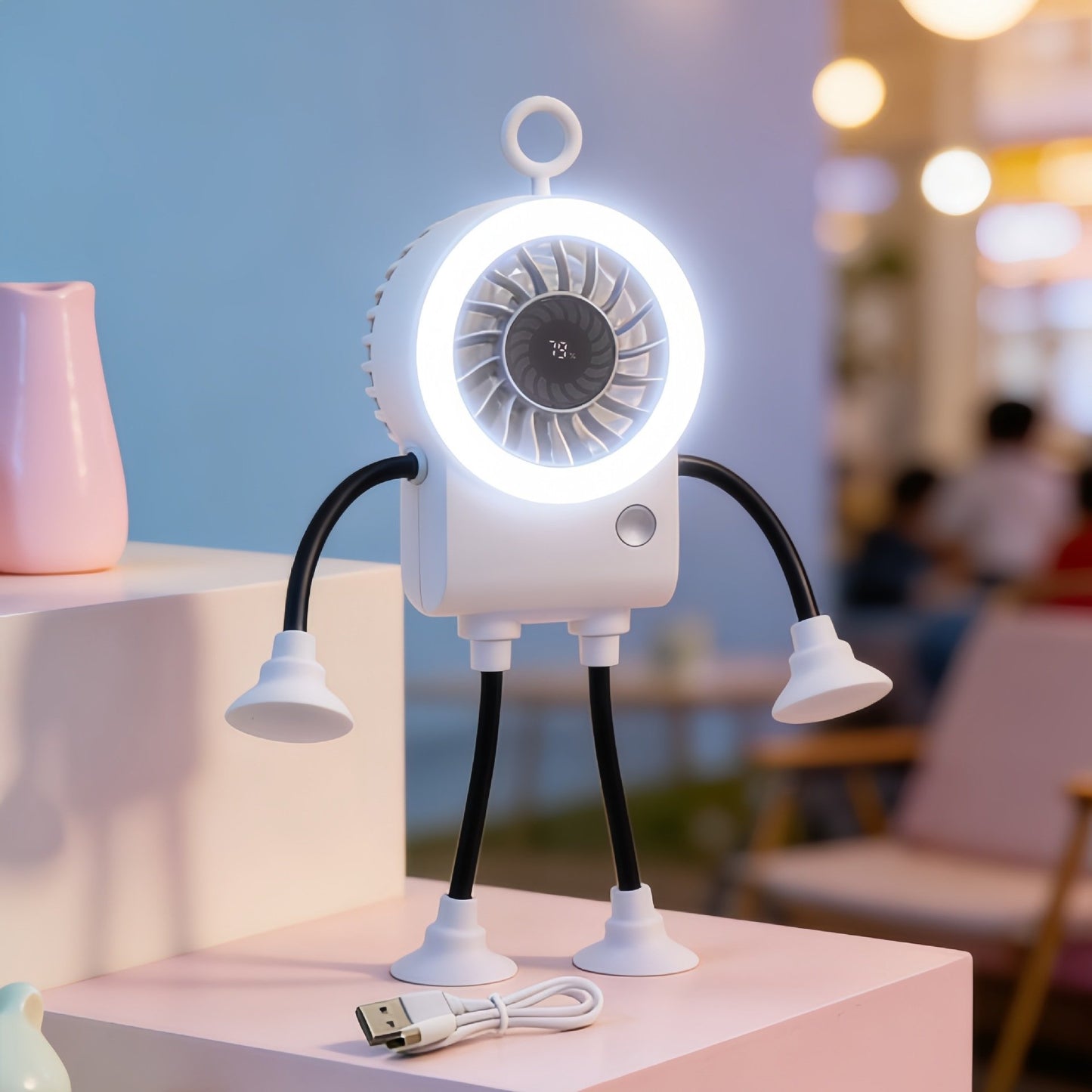 🤖 Poseable Robot Fan – 5 Speeds, Strong Suction, LED, Digital Display, Phone Holder