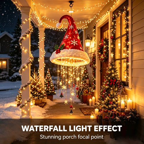 🎅✨Light‑Up Santa Hat Hanging Chandelier, Plush Christmas Pendant Light with Hanging Ornaments, Indoor & Covered Porch Holiday Decoration