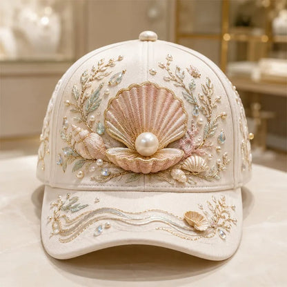 🌊 Ocean Sea Creature Pattern Cap | Pearl & Crystal Accent Adjustable Hat for Beach, Travel & Everyday Wear