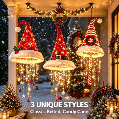 🎅✨Light‑Up Santa Hat Hanging Chandelier, Plush Christmas Pendant Light with Hanging Ornaments, Indoor & Covered Porch Holiday Decoration