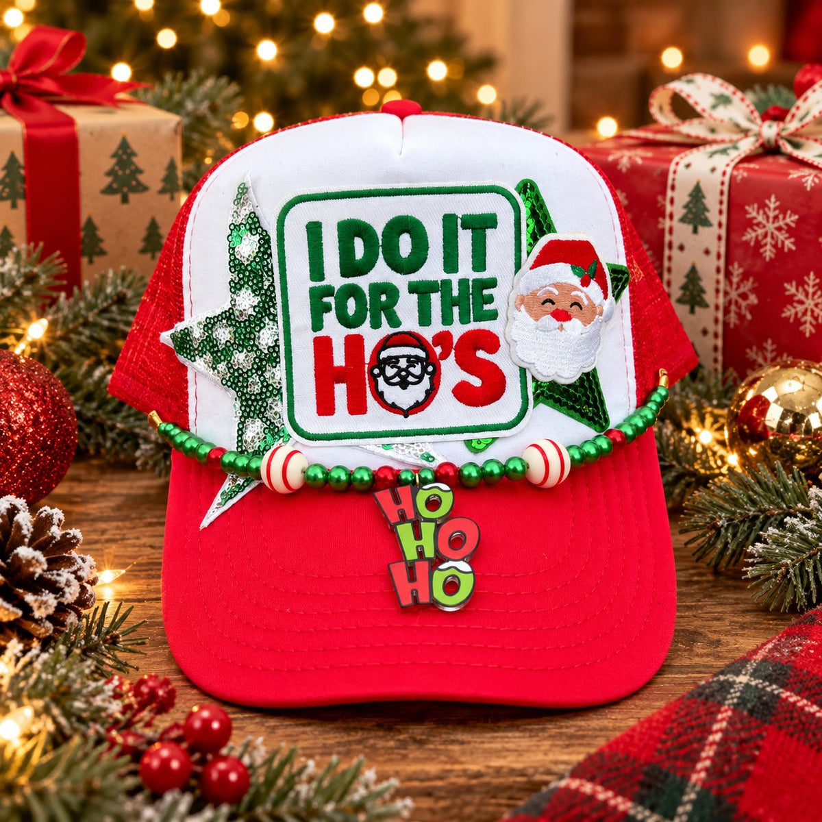 I Do It for the Ho’s Christmas Trucker Hat with Embroidered Patches & HO HO HO Hat Chain