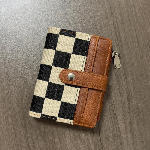 🖤 Checkered Bifold Wallet for Women – Compact PU Leather Card Holder with ID Window & Zipper Coin Pocket ✨👛
