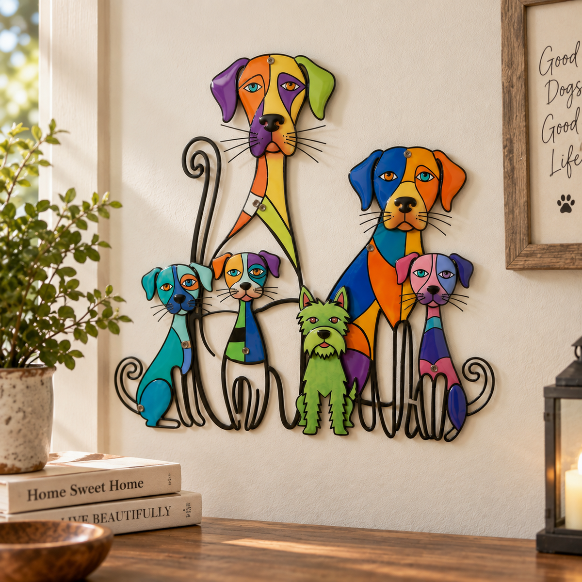 Colorful Dog Family Metal Wall Decor