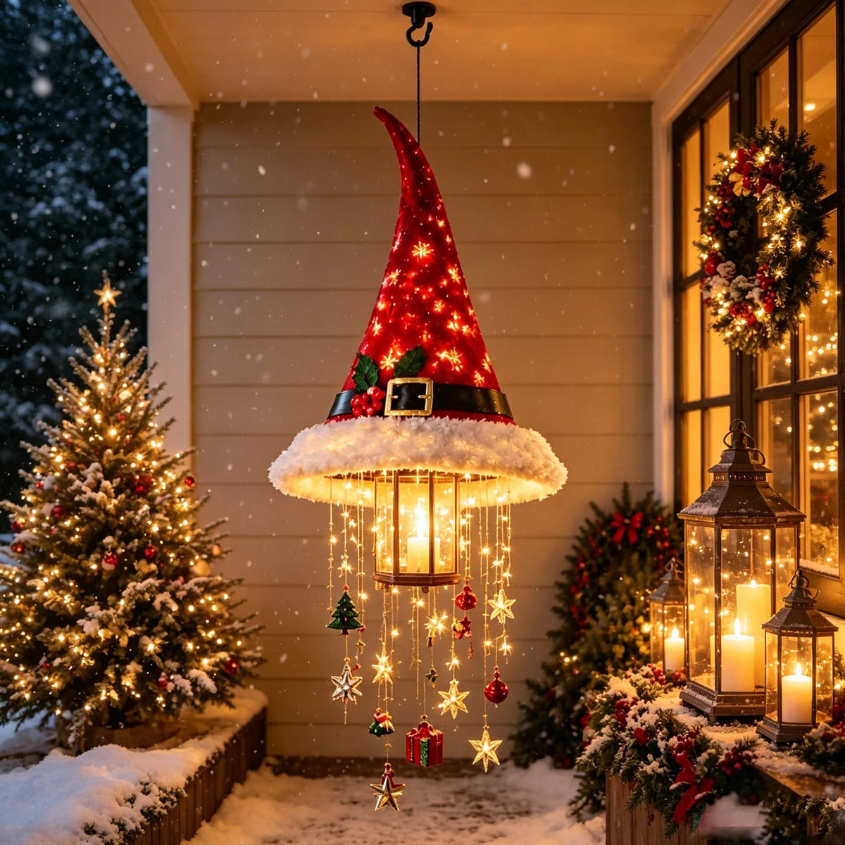 🎅✨Light‑Up Santa Hat Hanging Chandelier, Plush Christmas Pendant Light with Hanging Ornaments, Indoor & Covered Porch Holiday Decoration