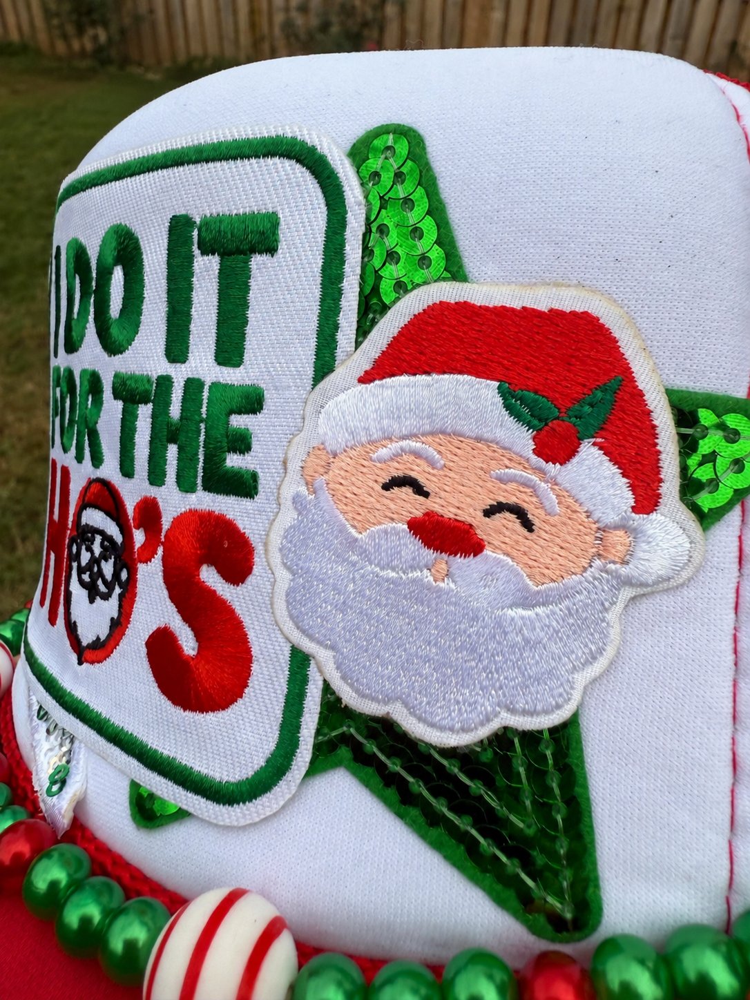I Do It for the Ho’s Christmas Trucker Hat with Embroidered Patches & HO HO HO Hat Chain