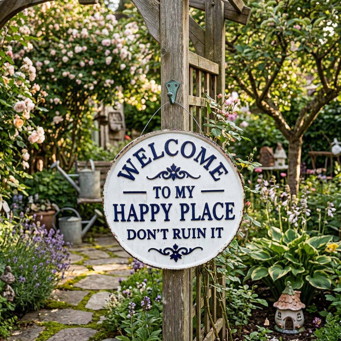 Vintage Round Metal Sign – “Welcome to My Happy Place Don’t Ruin It” Garden Wall Decor